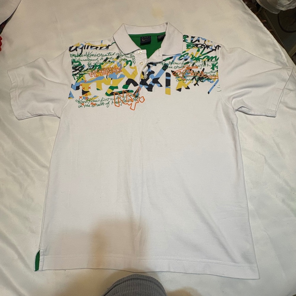 Vintage Karl Kani Gold Mens XL White Graffiti Print Pique Polo Shirt Streetwear